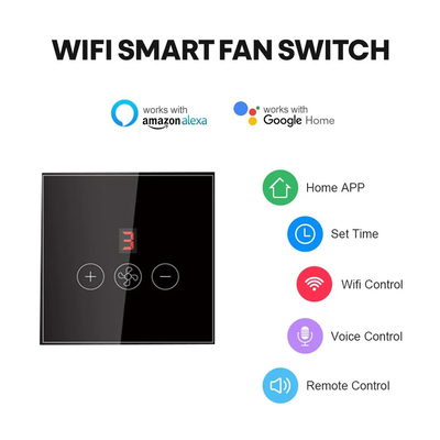 Glomarket Tuya Smart Wifi Εναλλακτής ανεμιστήρα οροφής Eu Standard Glass Touch Wall App Απομακρυσμένο έλεγχο Ηλεκτρικός διακόπτης ταχύτητας ανεμιστήρα